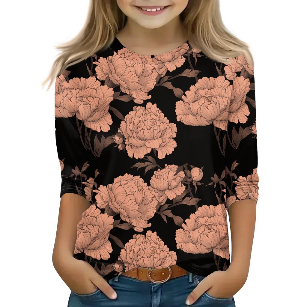 Print Tops For Youth Girls 5-16 Years Round Neck 3/4 Sleeves T-Shirts Trendy Tops Outfit Tees