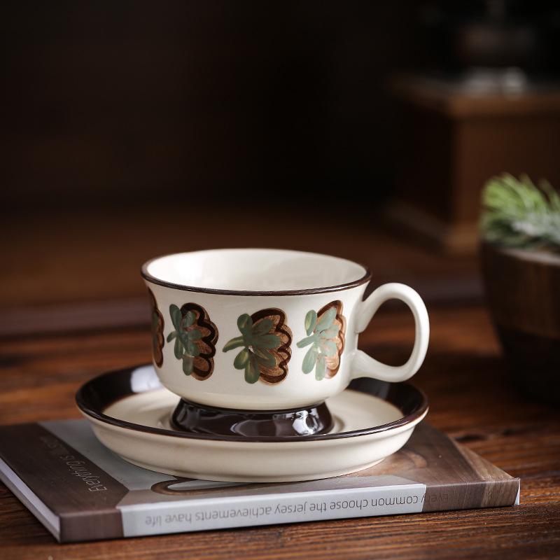Hand Painted Latte Coffee Cup Saucer Retro Brown Flower Afternoon Teacup Set Antique Ceramic Cup High-End Water Cup