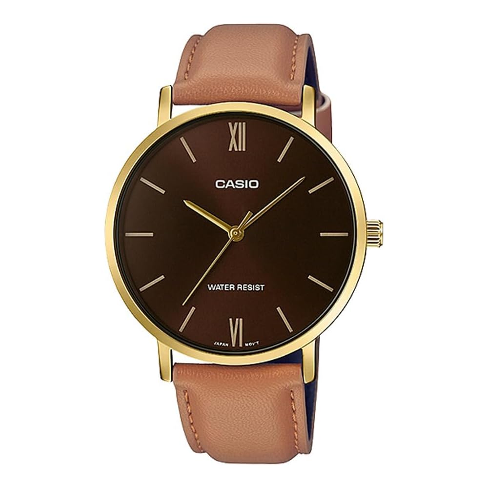 Casio MTP-VT01GL-5B Кварцевые мужские часы Золотистый Коричневый Кожаный ремешок Импортная модель