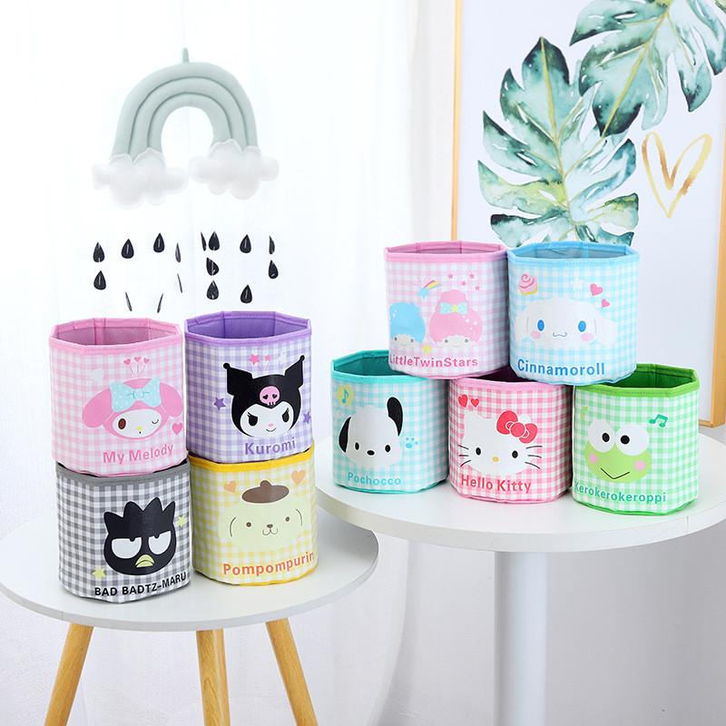 Pu Cartoon Grid Round Storage Bin With Foldable Design For Desk Organization And Office Use