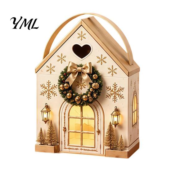 Small Holiday Surprise Boxes Christmas Wonderland Cottage Gift Box, House Shaped Paper Treat Boxes, Eve Containers Snack Holder with Handle