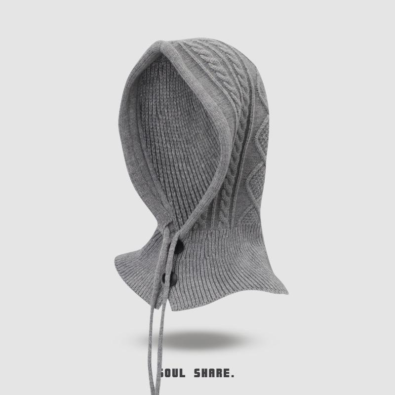 Wool Knitted Balaclava with Neck Scarf Integrated Hat Gloves Autumn and Winter Neck Protection Fashionable Red