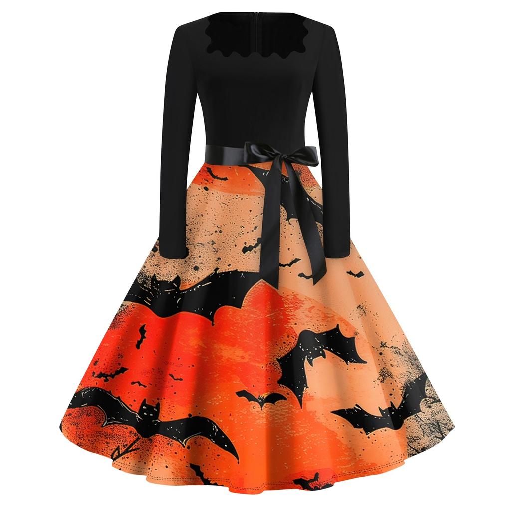 Платье с расклешенным принтом на Хэллоуин для женщин, платье с длинным рукавом, полые вечерние повседневные платья