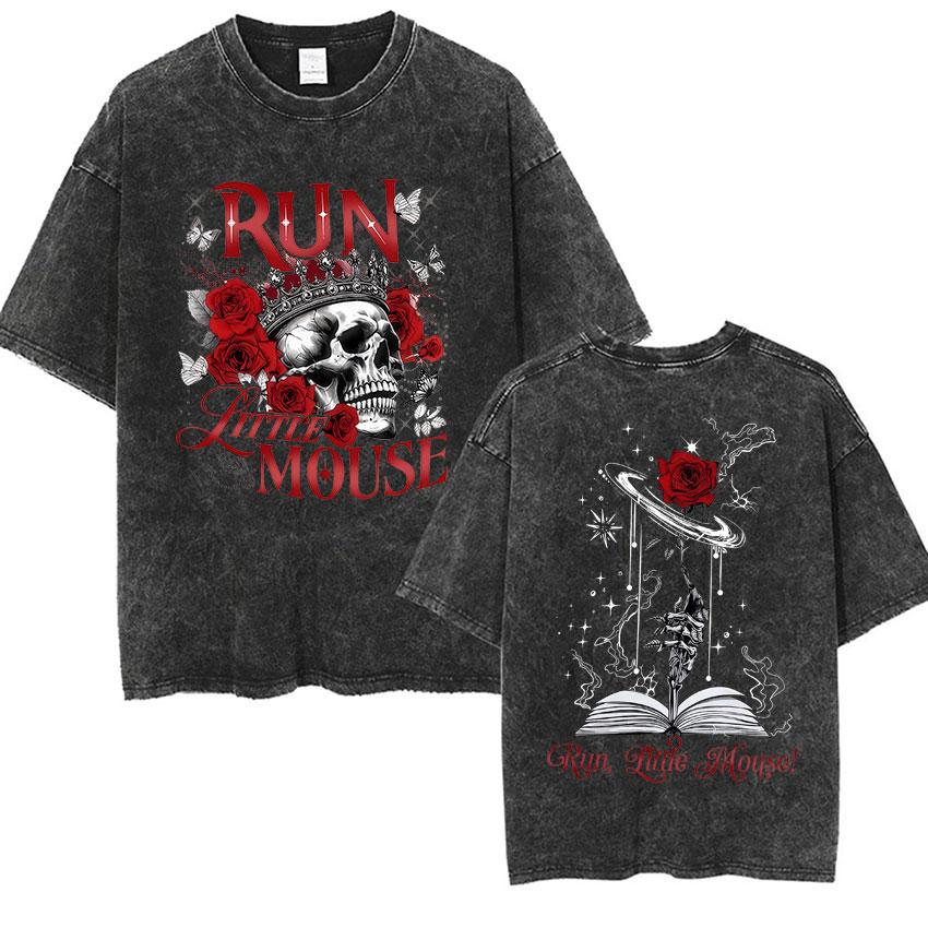 IICYIFY Mens Skull Vintage Washed Tshirts Run Little Mouse Print Short Sleeve Tshirt Yk Unisex Punk Gothic Clothing T Shirt