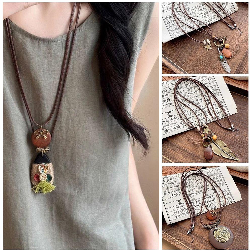 New Chinese Style Feather Leaf Pendant Necklace Vintage Sweater Chain Long Ropse Necklace  Women