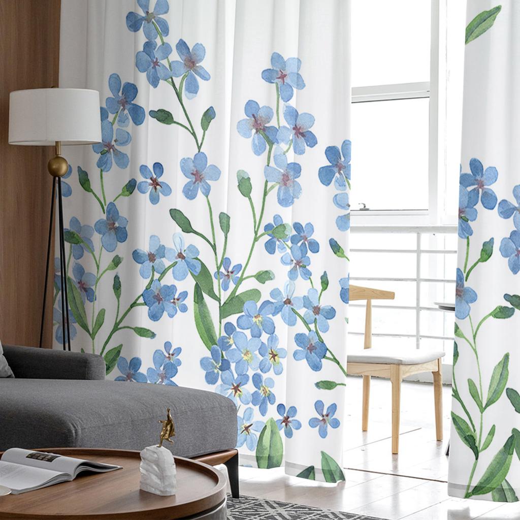 Watercolor Blue Flowers Farmhouse Countryside Voile Sheer Curtains Living Room Window Tulle Curtain Kitchen Bedroom Home Decor