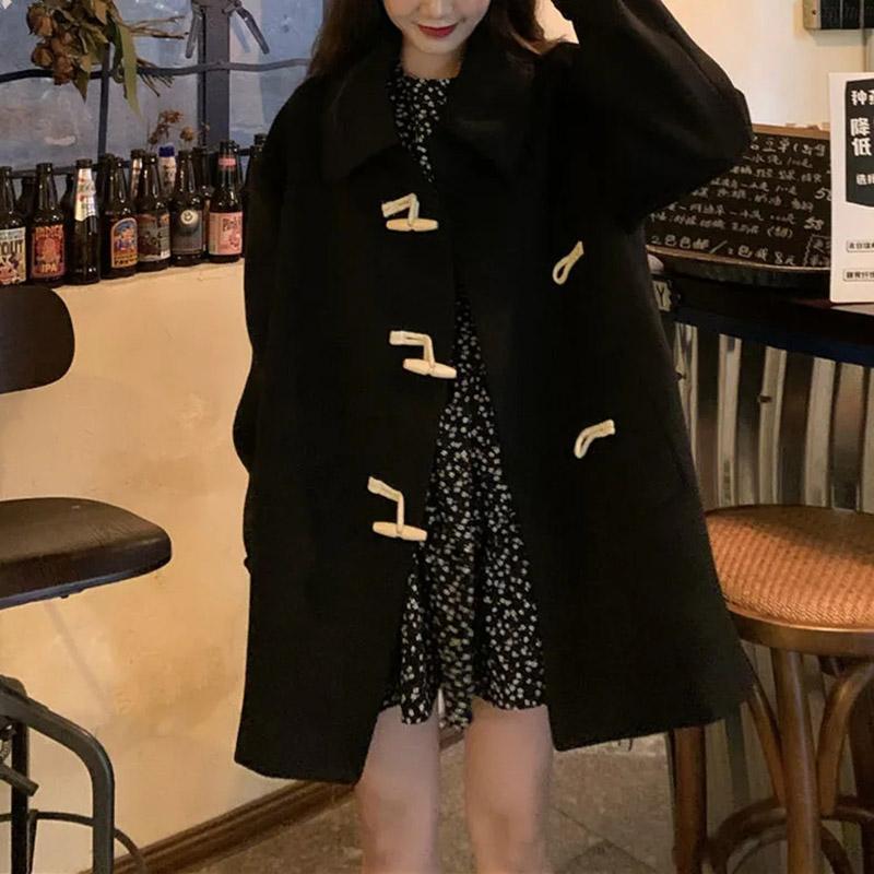 Черное пальто, женское осеннее среднедлинное свободное пальто на пуговицах, повседневное удобное пальто на пуговицах
