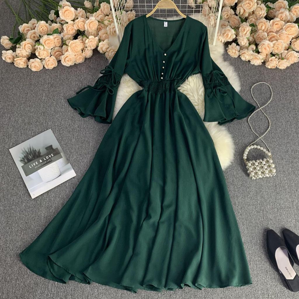 Длинное платье весна-осень для женщин, элегантное, с V-образным вырезом, расклешенными рукавами и высокой талией, праздничное, пляжное, макси-платье