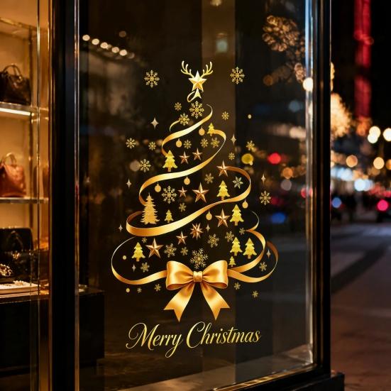 Removable PVC Window Stickers Gold Ribbon Christmas Tree Static Cling, Glass Sticker with Bow, Reindeer Xmas Elk Starlight Decals Antler & Star