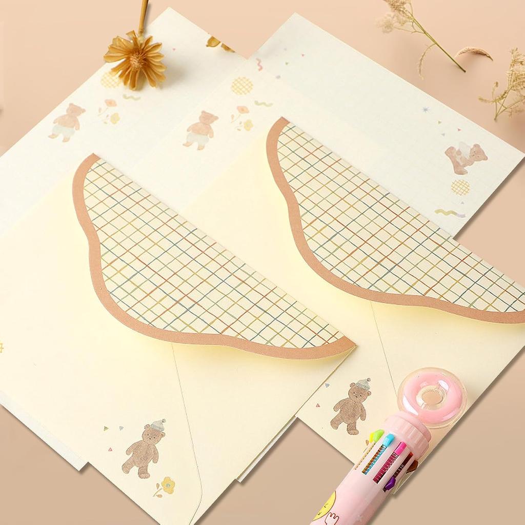 37 Pcs Stationery Paper Envelopes Set Includes 24 Lined Writing Paper & 12 Envelopes with 48 Round Stickers, Cute Bear Flower Cat Letter Writing and