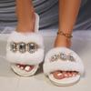 Fashion Winter New Slippers Women's Fashion Round Head Open-toe Rhinodrill Soft Soles Anti-slip Wear-resistant Flat Plush Shoes