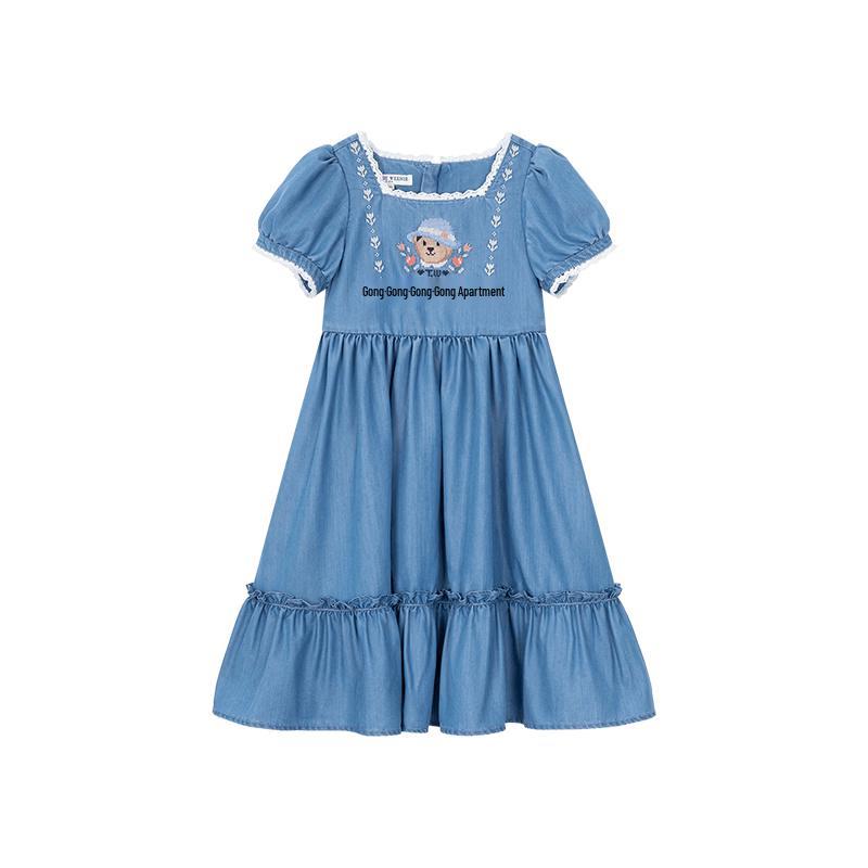 Teenie Weenie Kids Girls' Square Neck Puff Sleeve Denim Dress