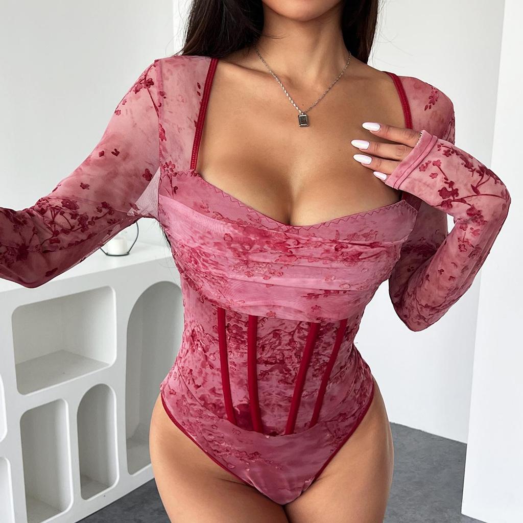 European & American Autumn Christmas Fishbone Pattern Women's Long Sleeve Sexy Bodysuit 60943