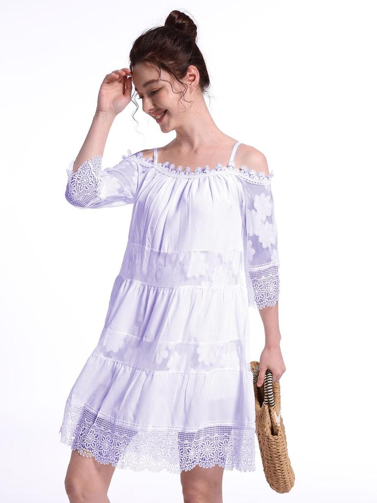 Princess Style Off-Shoulder Lace Suspender Dress - European & American Fashion, Solid Color, Loose Fit