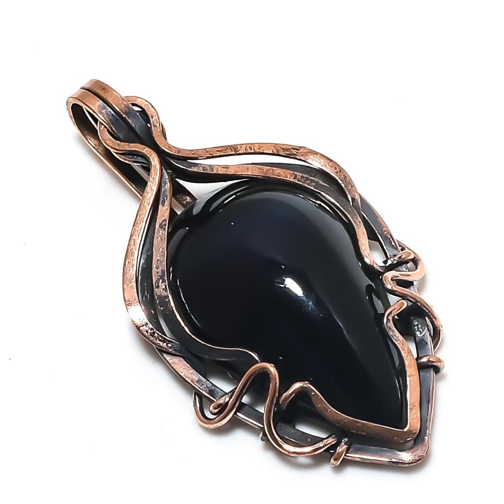Подвеска из черного обсидиана, ювелирное изделие из драгоценного камня ручной работы, подвеска, обернутая медной проволокой 999 пробы, ювелирная подвеска уникального дизайна