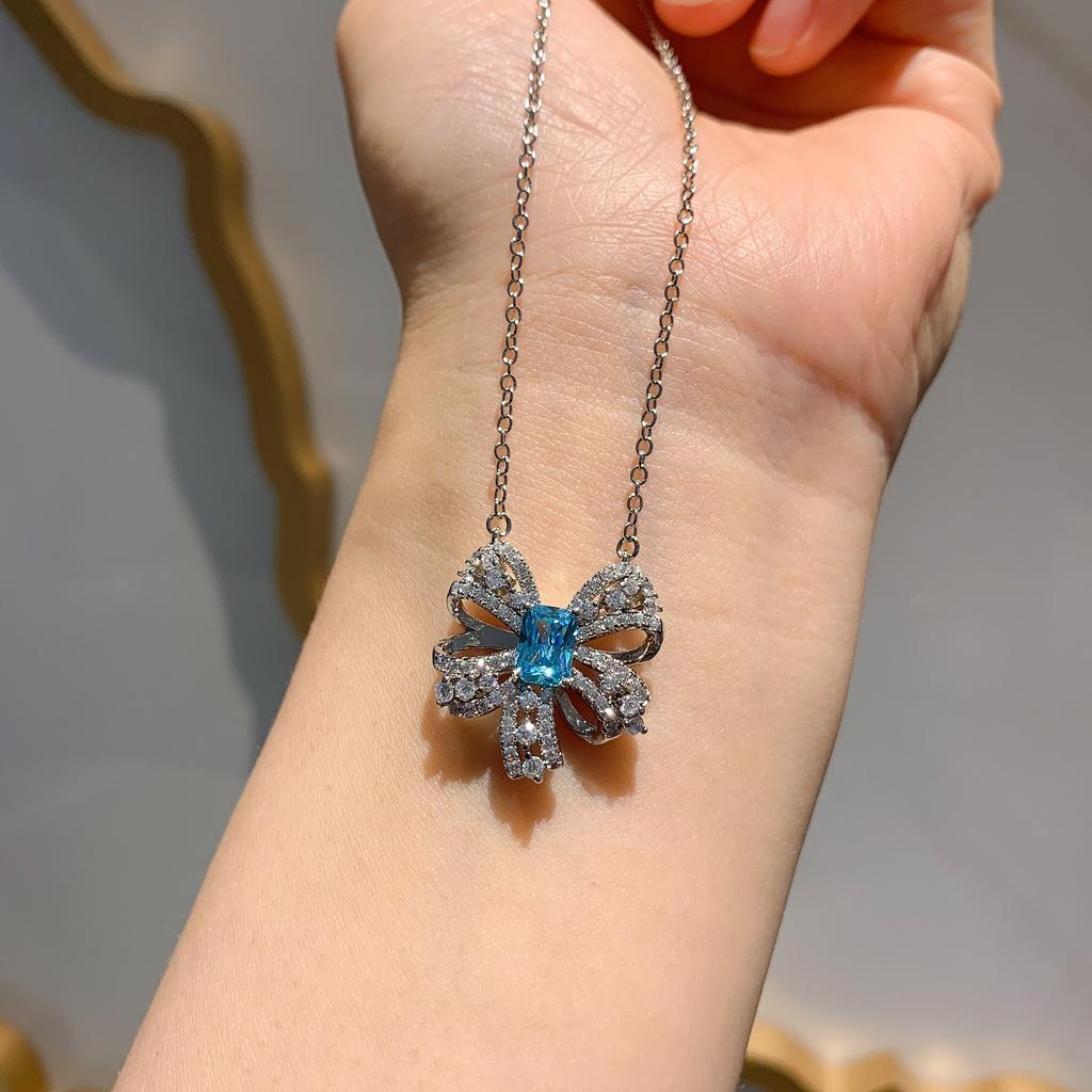 Sea Blue Diamond Bow Bone Chain Necklace Women, Blue Simple Stud Earrings Ring Jewelry Set