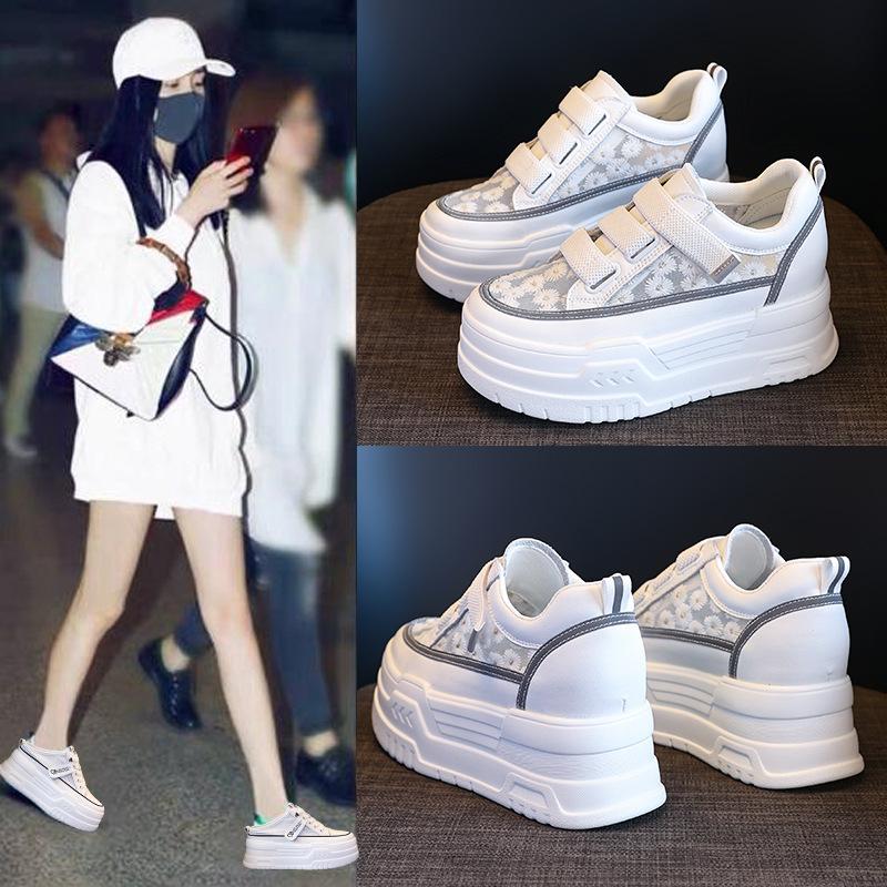 7 см сетчатая синтетическая микрофибра массивные кроссовки блестящая кожа удобные высокие новые летние повседневные туфли на танкетке на плоской подошве