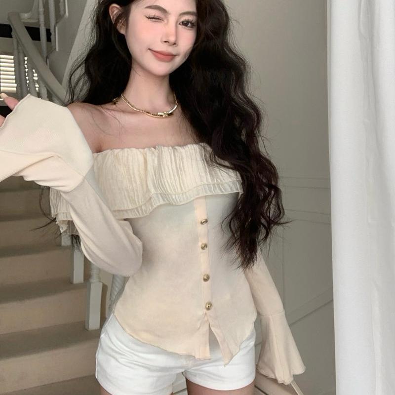 2KWEIRD Y2k Sexy T Shirt Women French Style Elegant Fashion Off Shoulder Crop Top Female Flare Sleeve Slash Neck Ruffle Slim Tees