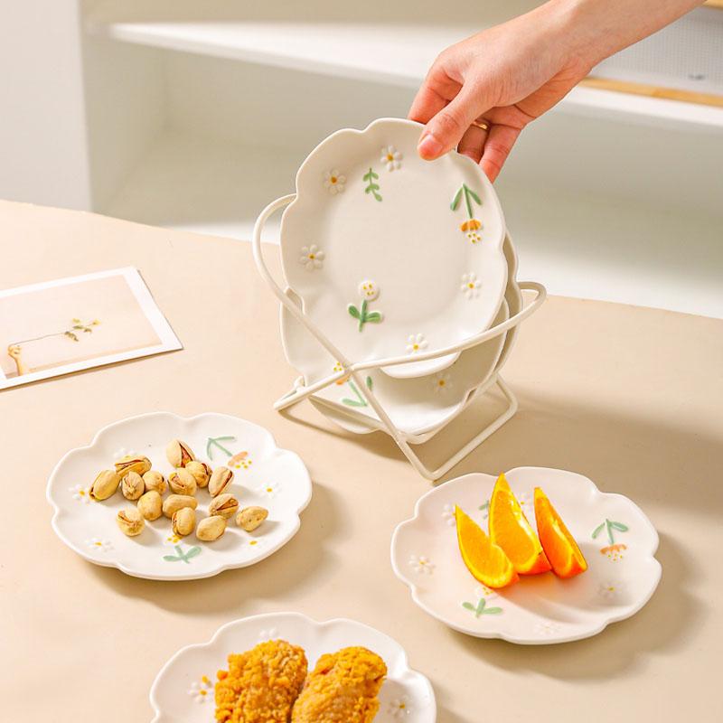 Набор из 4 керамических тарелок с 3D-рельефом, десертная тарелка с ромашками, кухонная тарелка для пасты, хлеба, столовая посуда, сервировочное блюдо 6/8,5 дюймов, матовое