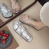 2025 Summer New Cool Slippers Outer Thick-soled Slippers Flat-bottomed French-style Beach One-word Set of Toe Rhinestone Cold Slippers