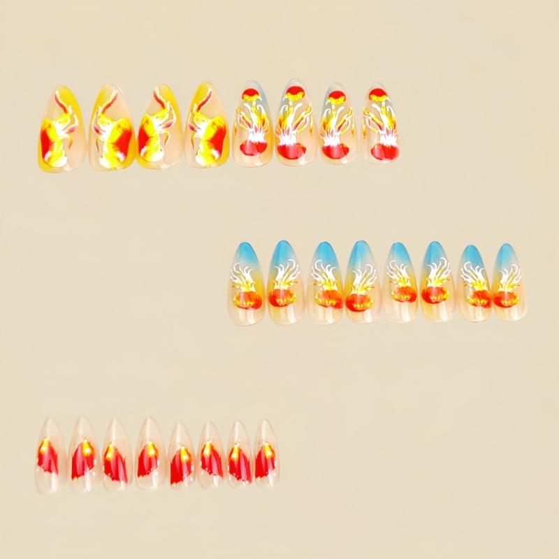 Набор из 24 прозрачно-синих накладных ногтей миндальной формы с глянцевым покрытием для женщин, легкое нанесение, длинные