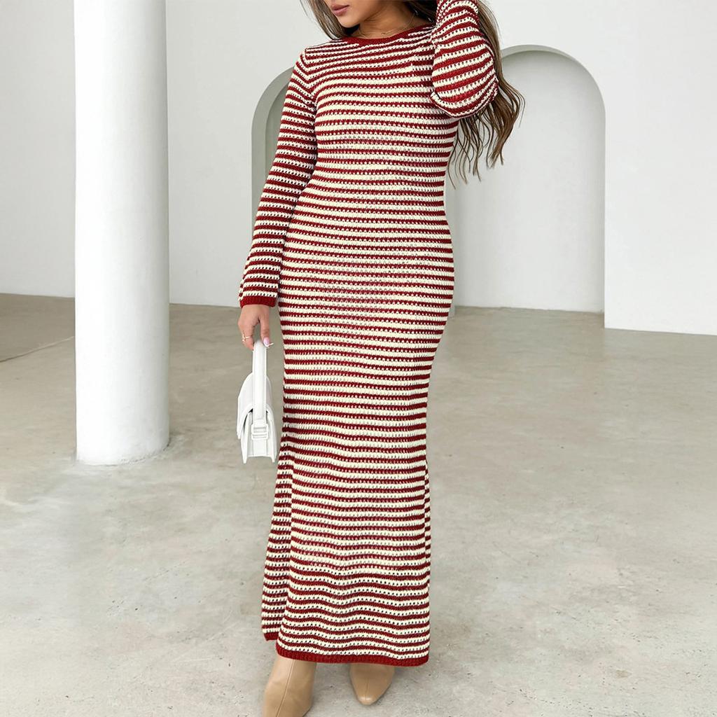 Женское повседневное полосатое платье-свитер с длинными рукавами, платье средней длины, облегающее платье