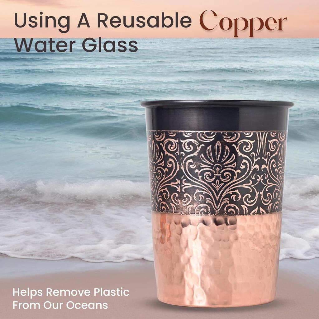 Copper Printed Design 250ML Water Glass with Rust Proof Protection for Home and Office Use Ayurveda and Yoga Health Benefits Glass Set of 6