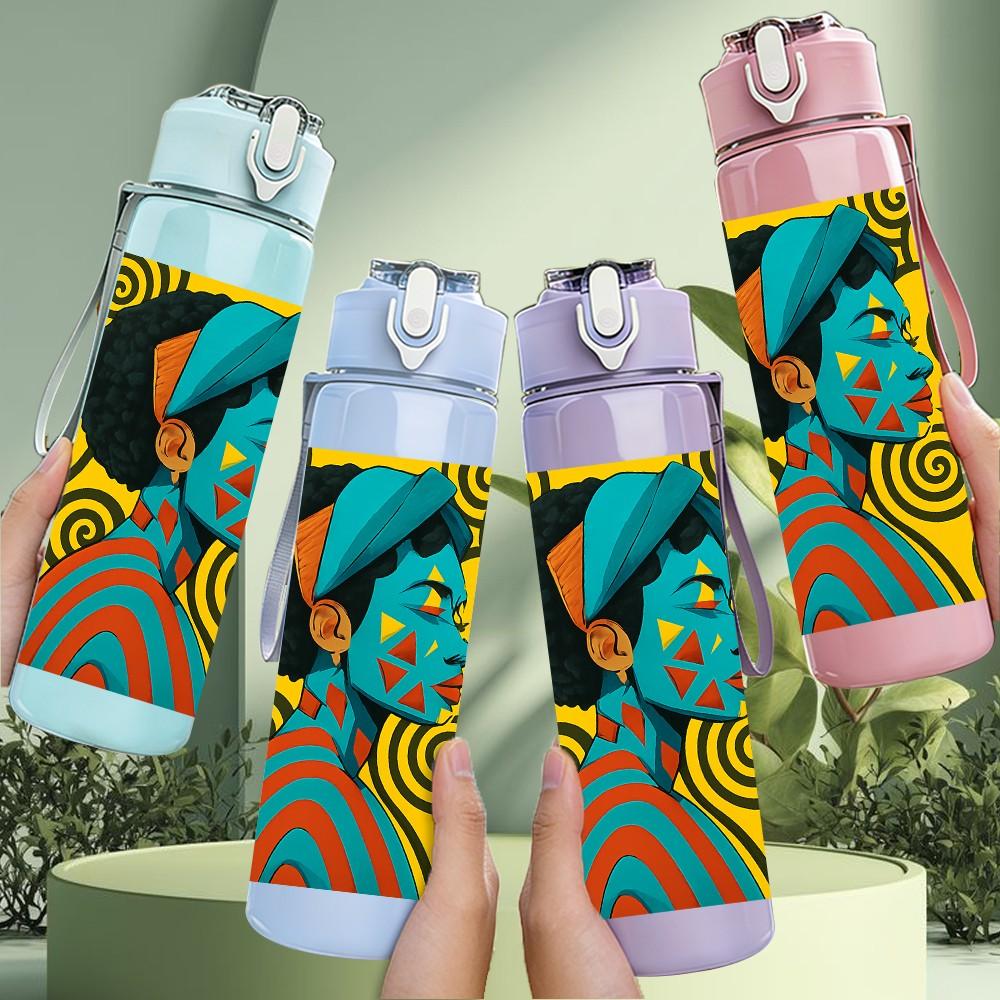 1PC African Face Swirl Color Art 750ml Color Plastic Sports Water Bottle Leakproof Flip Straw Lid Suitable for Sports Office Home Use