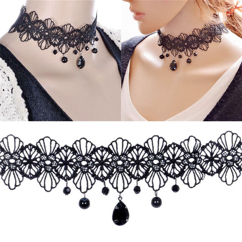 Fashion Gothic Black Lace Retro Choker Collar Flower Pendant Necklace Jewelry