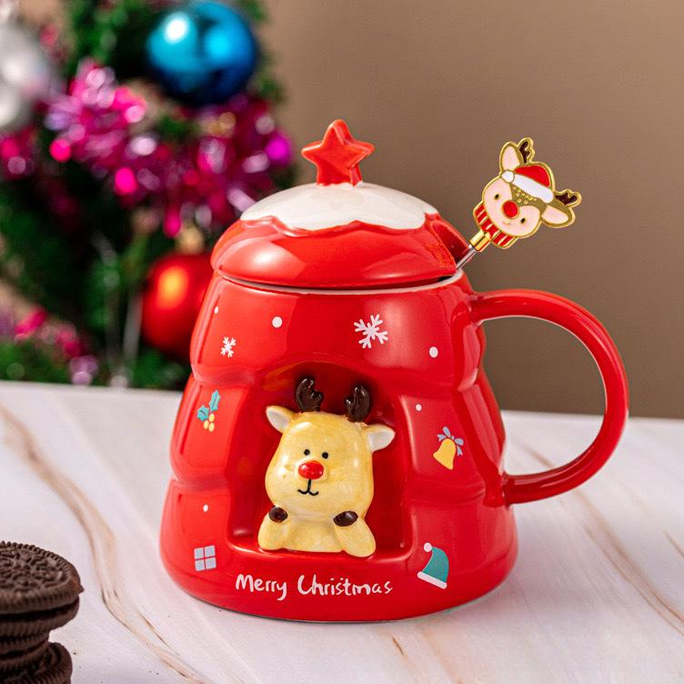 Creative Relief Christmas Tree Ceramic Cup High Looking Mug Cute Cartoon Christmas Cup Gift Christmas Water Cup