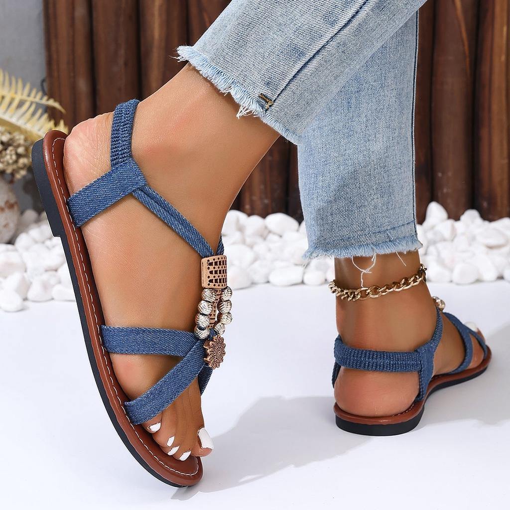 2024 Summer Hot Selling Women's Sandals Fashion Open Toe Roman Women's Sandals Solid Color Beaded Low Heel Women's Sandals