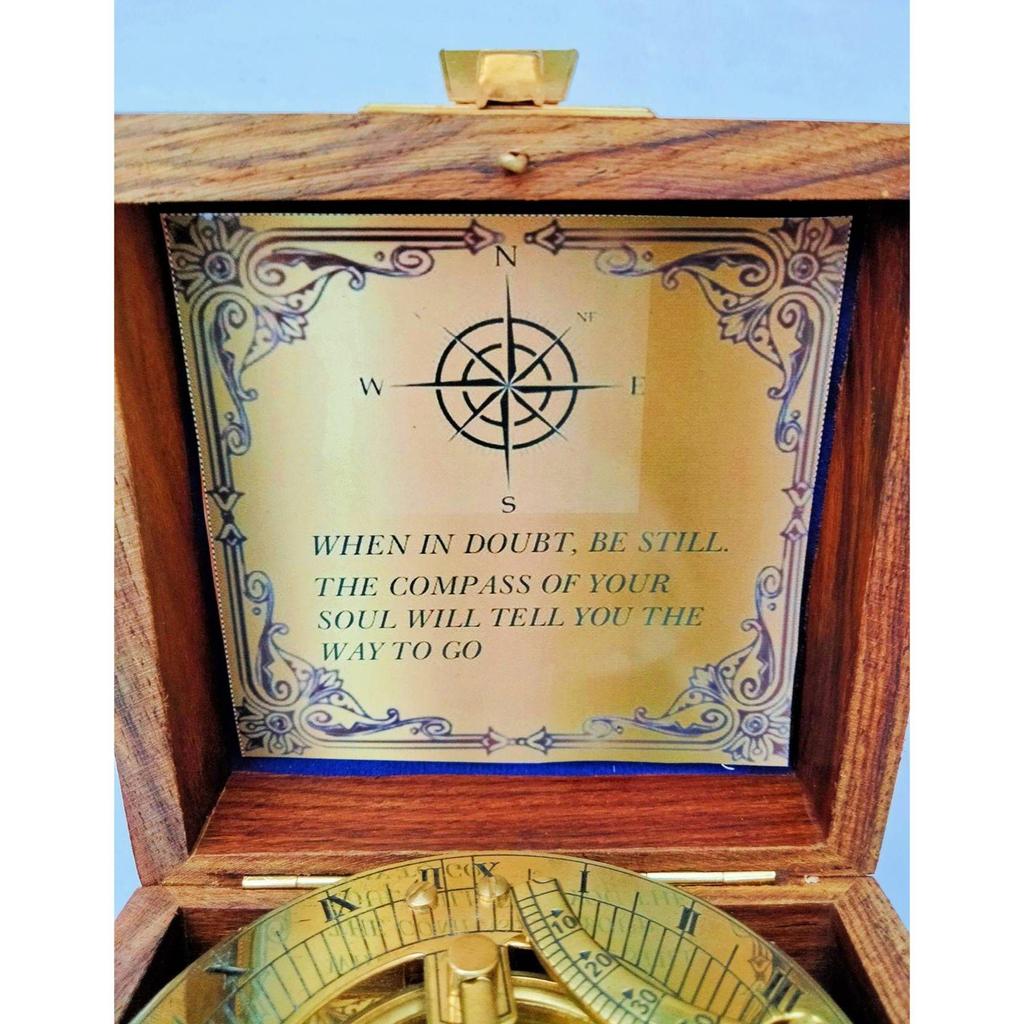 India Brass Sundial Compass With Wood Box Collectible Gift Compass (Gold, Brown)