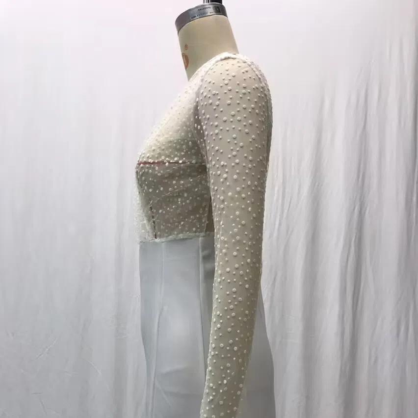 2025 Лето Осень Женское Прозрачное Сетчатое Свадебное Платье, Сексуальное Платье с V-образным вырезом и Длинными Рукавами с Высоким Разрезом, Белое Просвечивающее Свадебное Платье для Торжественных Мероприятий