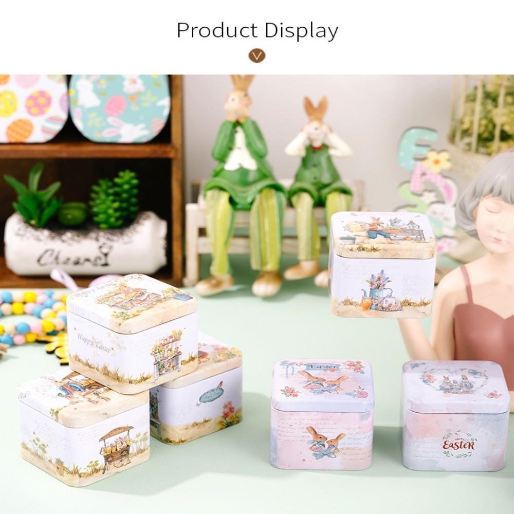 Iron Material Easter Gifts Box Square Shape Rabbit Tin Storage Box Candy Storage