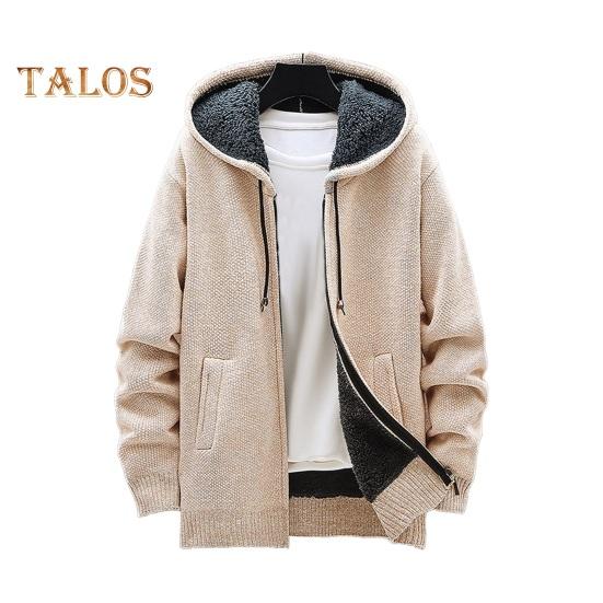 Winter Men Jacket Thickened Fleece Hooded Drawstring Zip-up Long Sleeves Sweater Coat Pockets Elastic Cuff Retro Knitted Daily Wear Outerwear Jacket