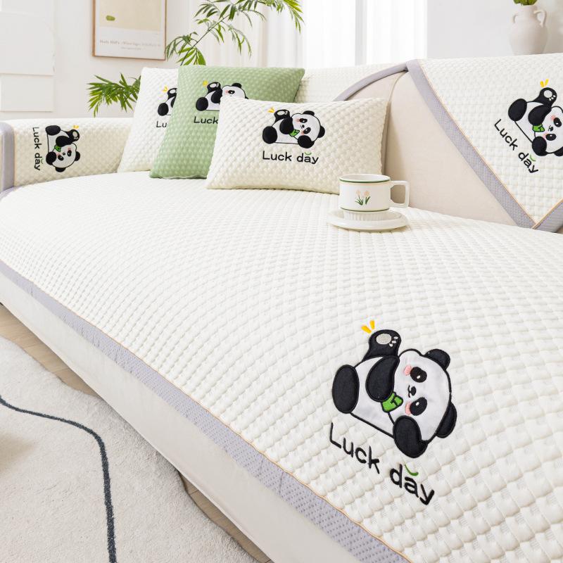 Summer Ice Silk Sofa Cover Panda Embroidered Cartoon Couch Cushion Home Decor Settee Cushion Solid Color Cool Feeling Sofa Cover