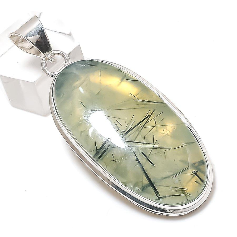Natural Moss Prehnite Gemstone 925 Sterling Silver Jewelry Pendant 2.36" Q3i84