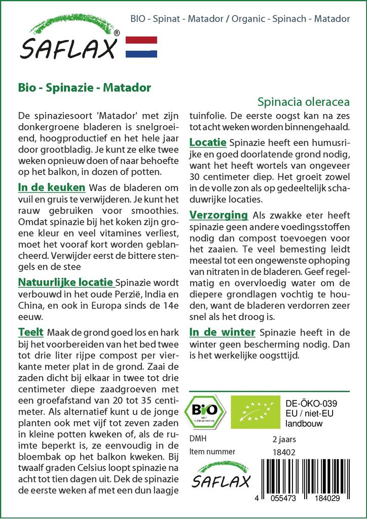 SAFLAX Garden in the Bag - Органический - Шпинат - Матадор - 300 семян - С субстратом в подходящем пакете - Spinacia oleracea