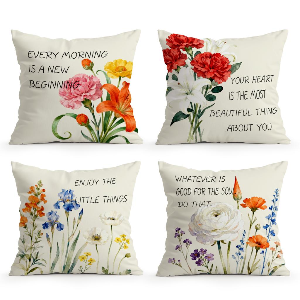 4 Pcs Watercolor Flower Inspirational Quotes Single-Sided Printed Pillowcase For Living Room Bedroom Car