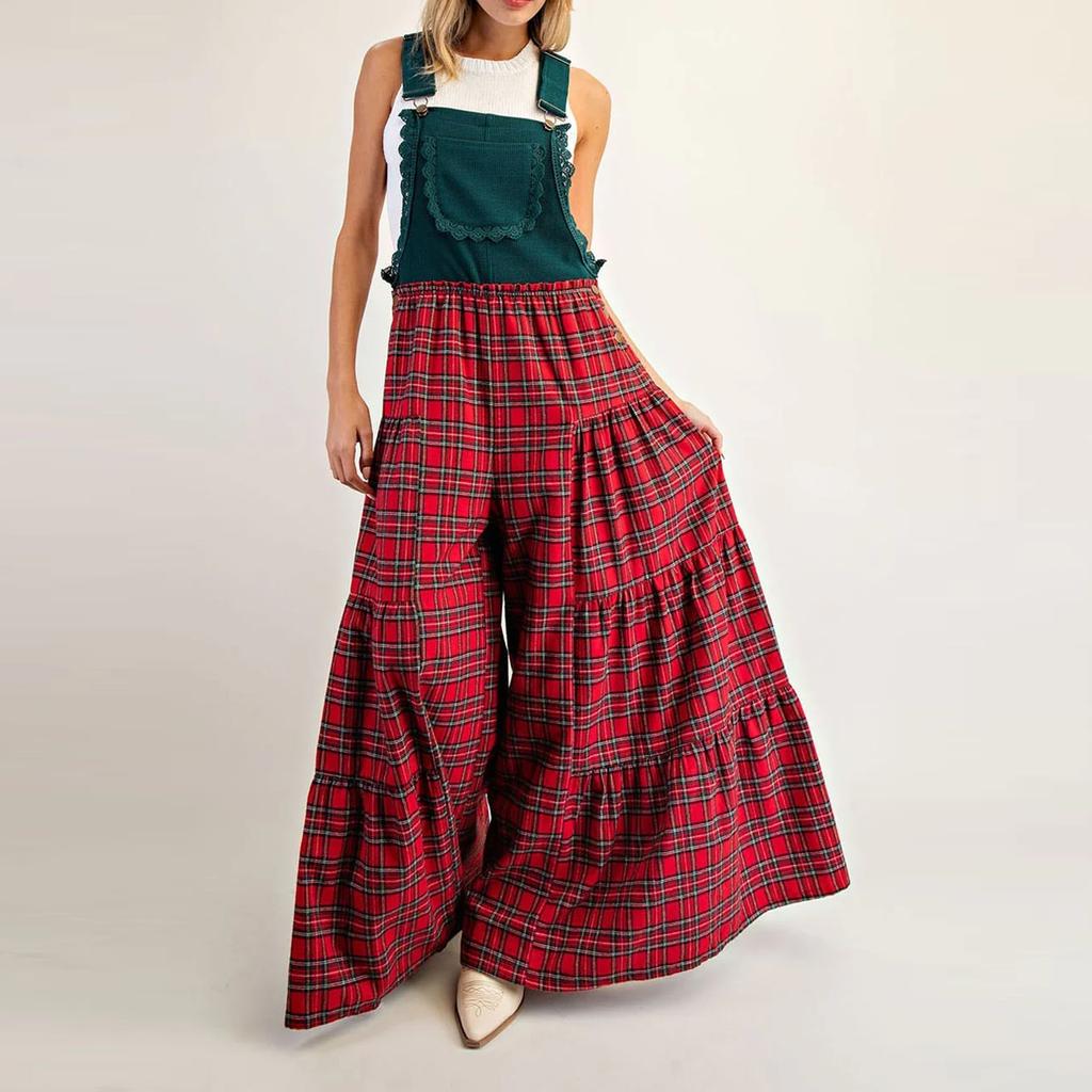 Women's Fashion Ruffled Pocket British Vintage Check Wide-Leg Colour-Blocking Suspender Jumpsuit
