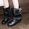 Fashion Studded Metal Buckle Pleated Single Boots Women's Autumn New Round Toe Sleeve Non-Slip Block Heel Short Boots