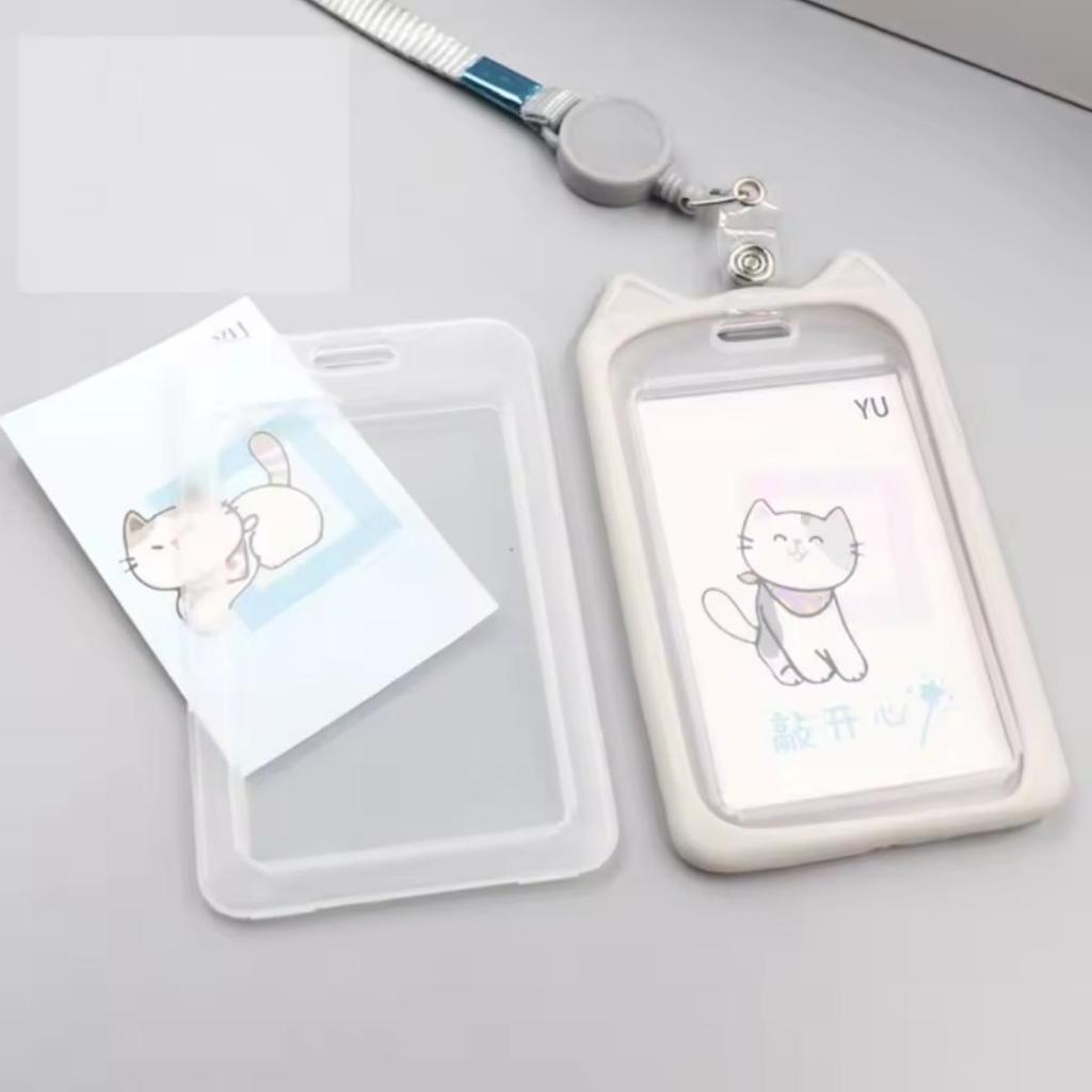 Держатель для карт с ушками кошки + Вытягивающийся шнурок-ретрактор, Держатель для рабочей ID-карты, Campus Card, Шнурок на шею, Держатель для бейджа, Защитный чехол