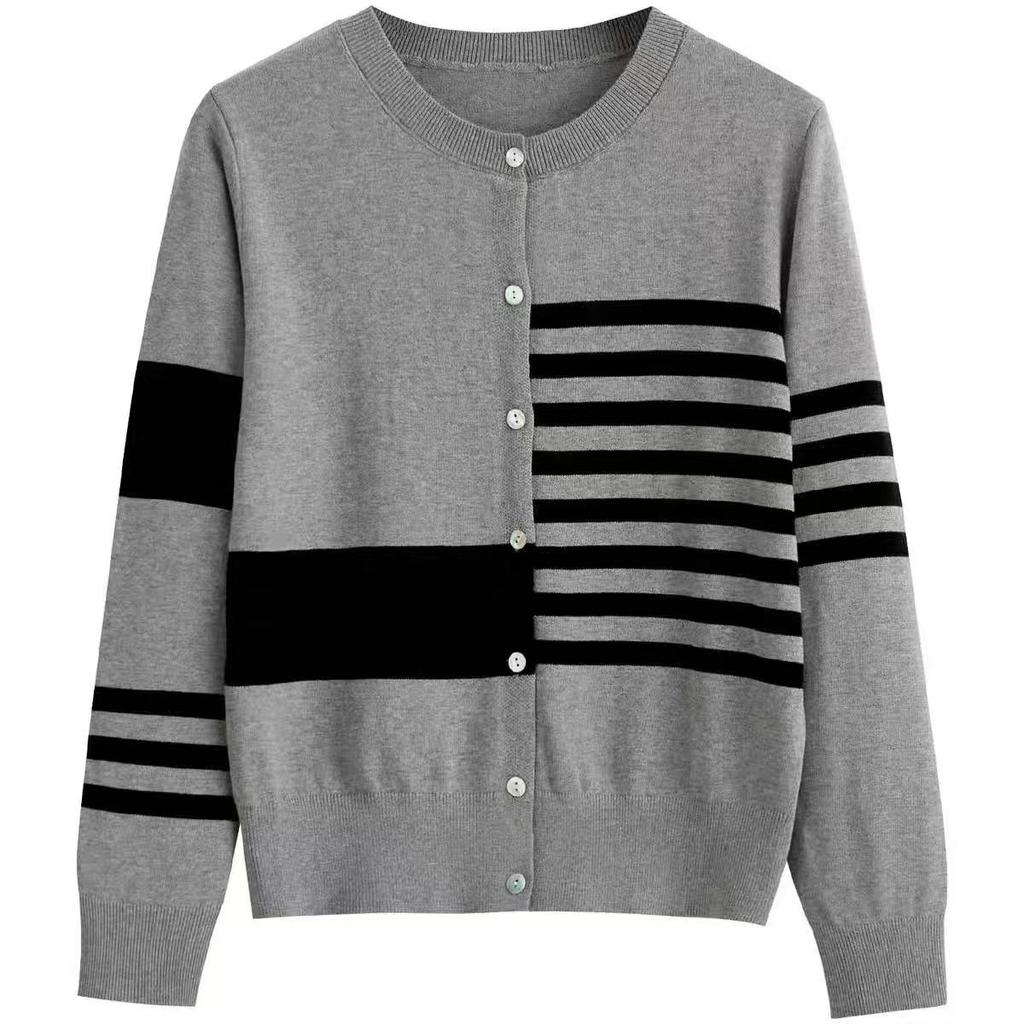 Retro Color-blocking Striped Knitted Cardigan for Women, Autumn Round-neck Single-breasted Sweater, A Unique and Versatile Top