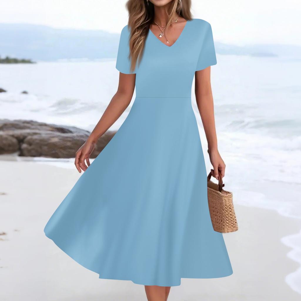 Женское летнее повседневное модное платье с принтом и карманом, коротким рукавом и V-образным вырезом