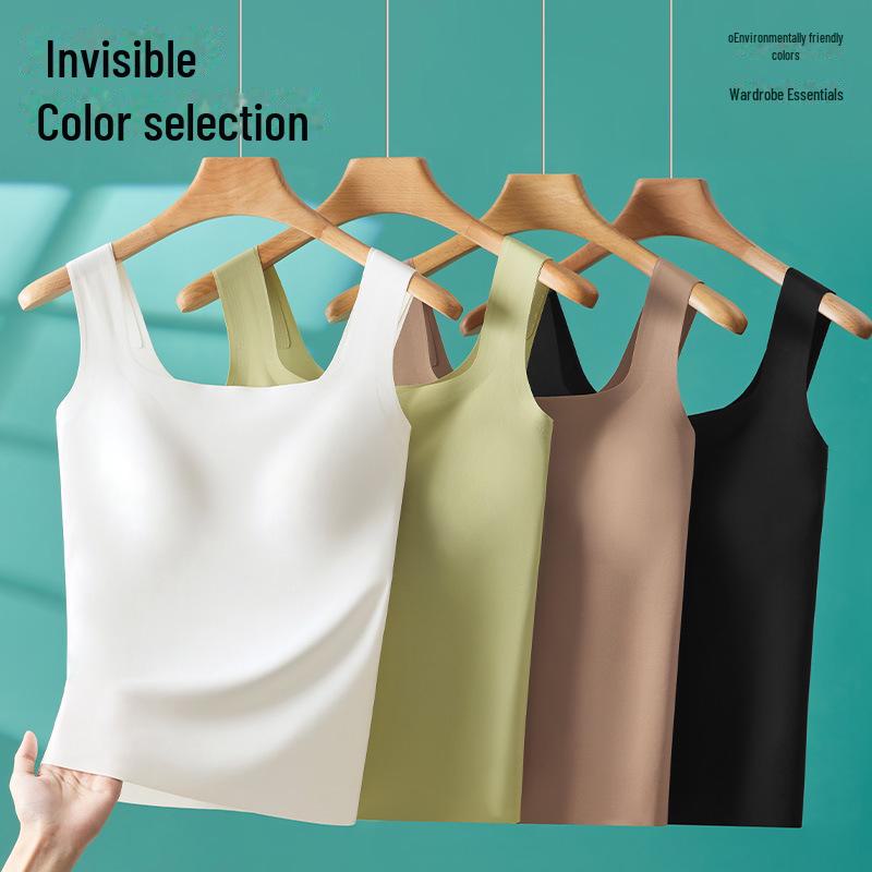 Женская бесшовная майка из шелка Ice Silk с нагрудными вкладышами и квадратным воротником — без бюстгальтера, красивый дизайн спины