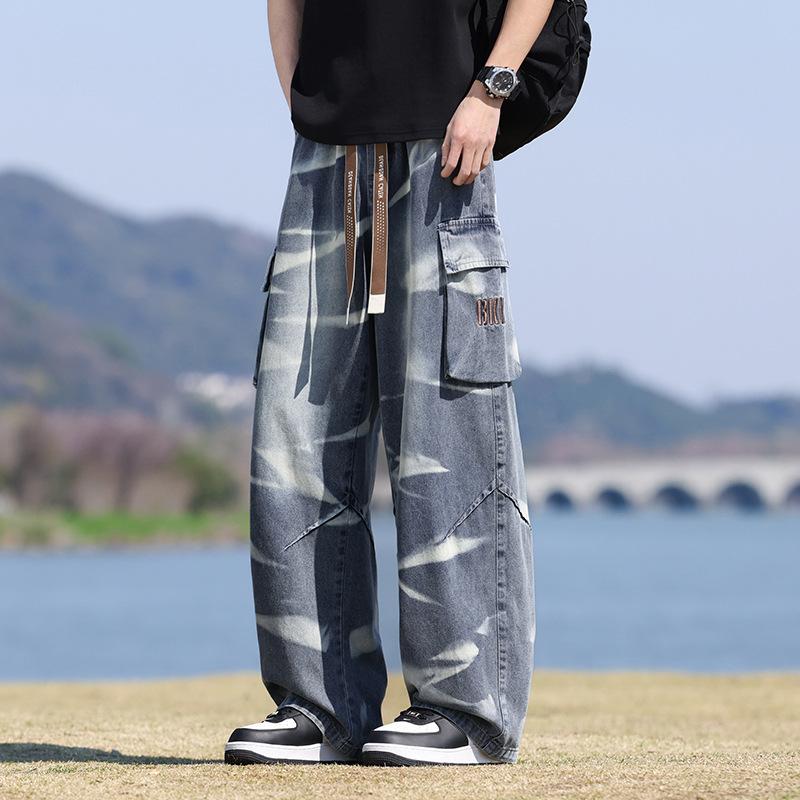 Spring Autumn Men Jeans Streetwear Straight Denim Pants Hip Hop Drawstring Trousers Male Big Pockets Clothing