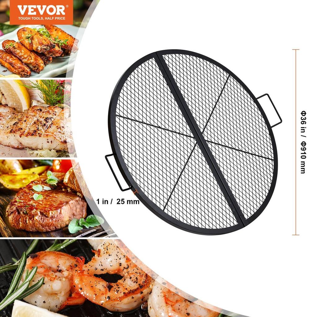X-Marks Fire Pit Grill Grate, Foldable Round Cooking Grate, Heavy Duty Steel Campfire BBQ Grill Grid with Handle and Support X Wire, Portable Camping