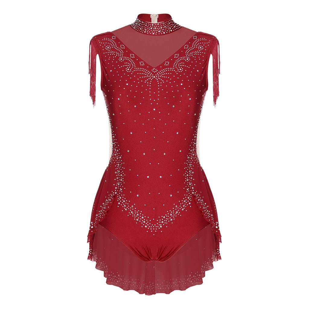 Womens Ballet Gymnastics Dress Rhinestones Figure Ice Skating Leotard Sleeveless Sheer Mesh Patchwork Tassel Skirted Bodysuit