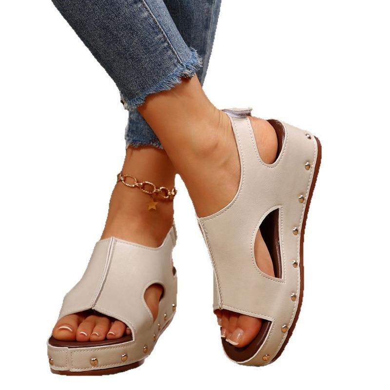 Модные Летние Женские Сандалии На Каблуке Сандалии 2025 Танкетка Женские Сандалии На Платформе С Открытым Носком Искусственная Кожа Заклепка Модные Sandalias De Mujer