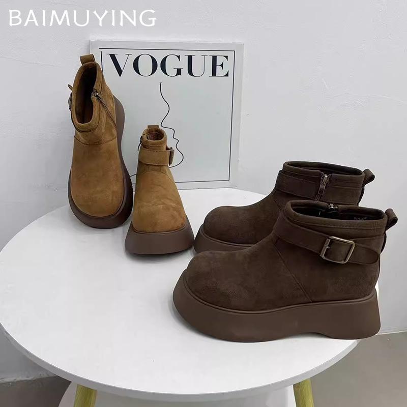 Женские зимние ботильоны на платформе, замшевые короткие, плюшевые, на среднем каблуке, хлопковые туфли, тренд 2025 года, теплые, удобные, с пряжкой, зимние дизайнерские ботинки Mujer